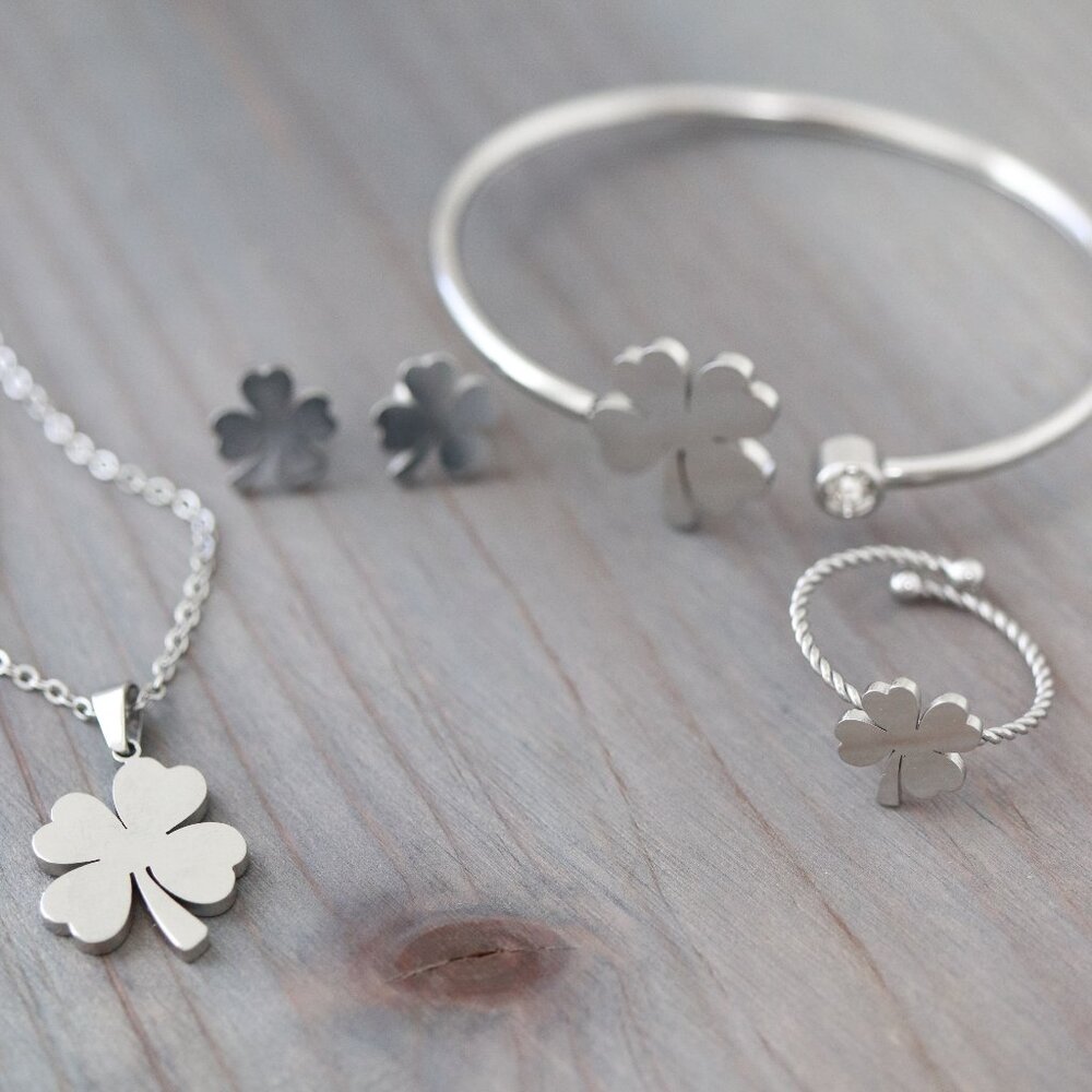 4Leaf Style Clover 4pcs Jewelry Set Silver Stainless Steel  N/B/R/E